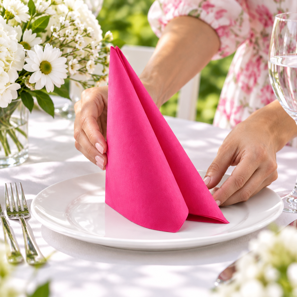 Pink Airlaid-serviet placeres opretstående på en hvid tallerken