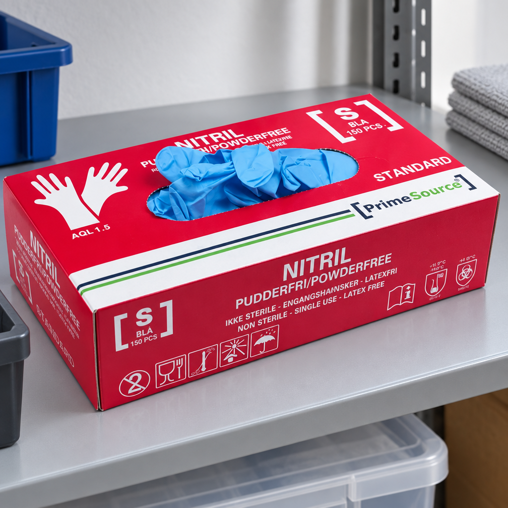 Stemningsillustration af Prime Source Standard nitrilhandsker S på depothylde