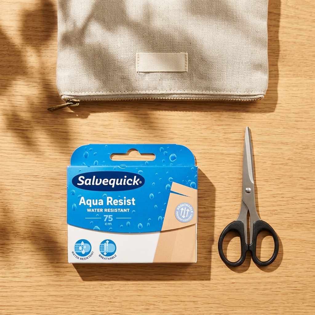 Salvequick Aqua Resist plasterpakke med saks og opbevaringstaske i sollys, tilbehør medfølger ikke