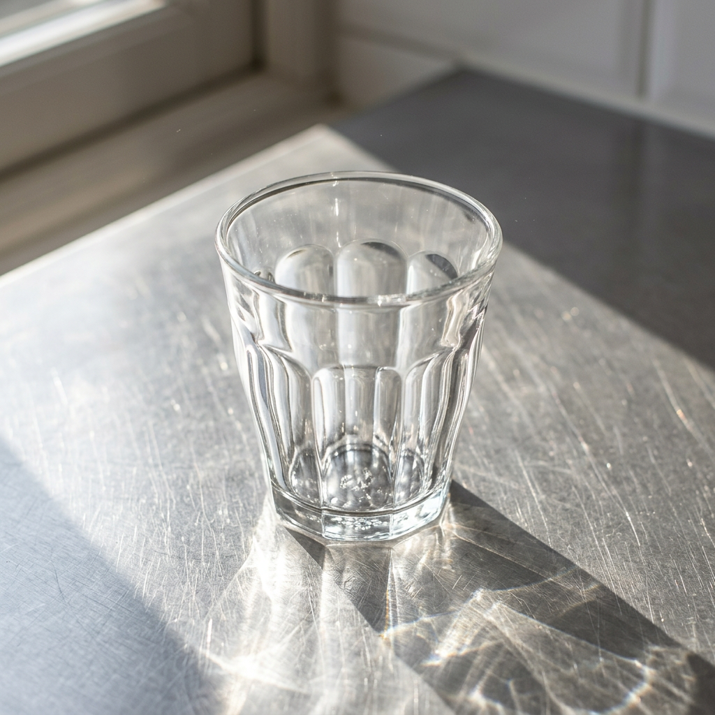 Tomt facetteret caféglas på solbeskinnet stålbord