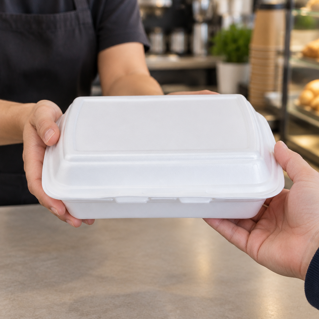 Lukket hvid termobakke udleveres til kunde ved cafédisken