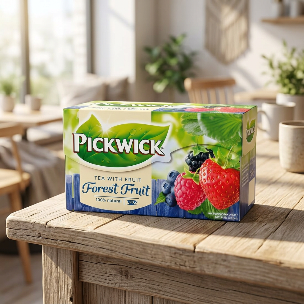 Pickwick Skovbær-teæske på solbelyst trædisk i cafémiljø