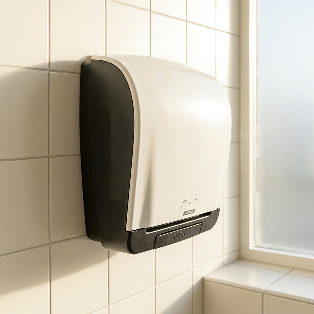 Katrin 90045 hvid rulledispenser i sollyst kontortoilet, stemningsbillede