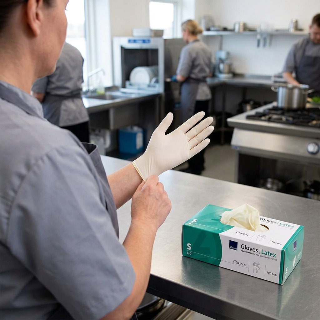 Voksen tager en naturfarvet latexhandske på i køkkenet – stemningsbillede