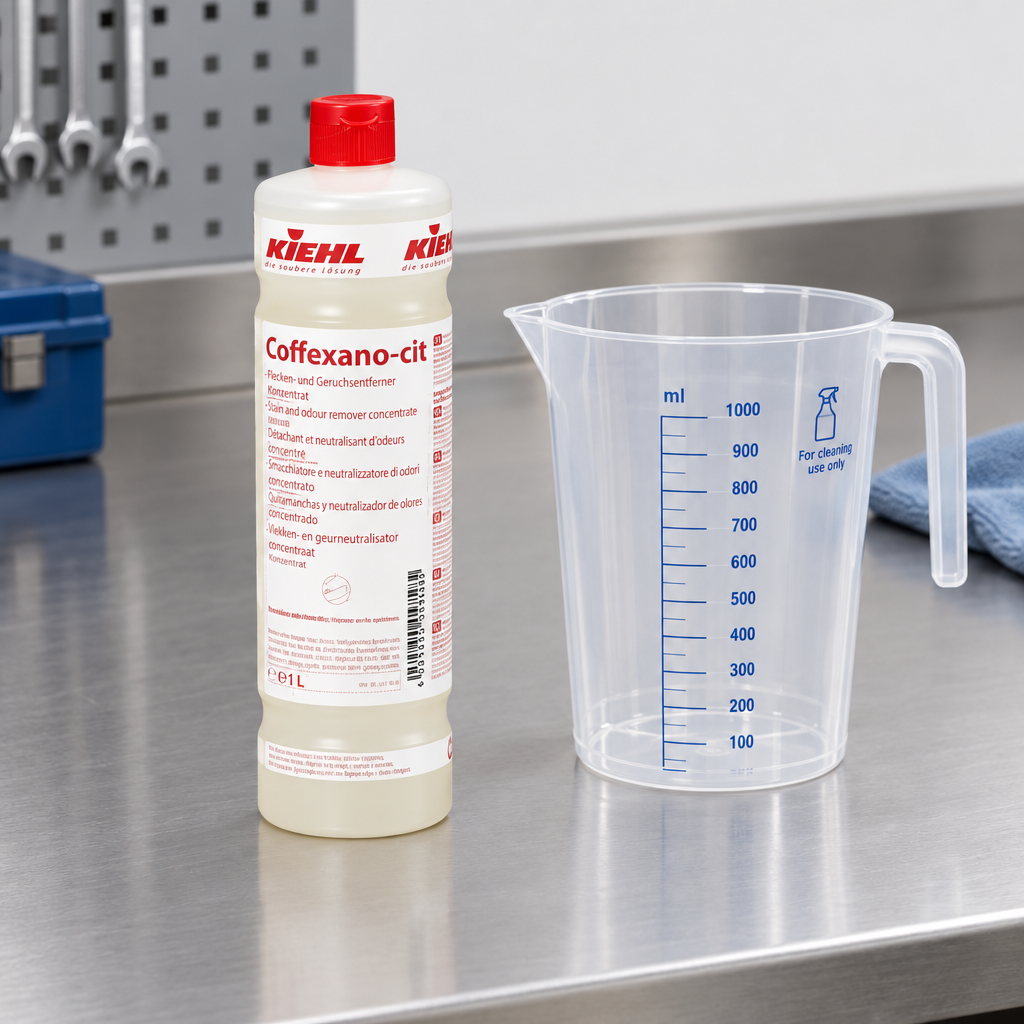 Kiehl Coffexano-Cit 1 L ved målekande på arbejdsbord