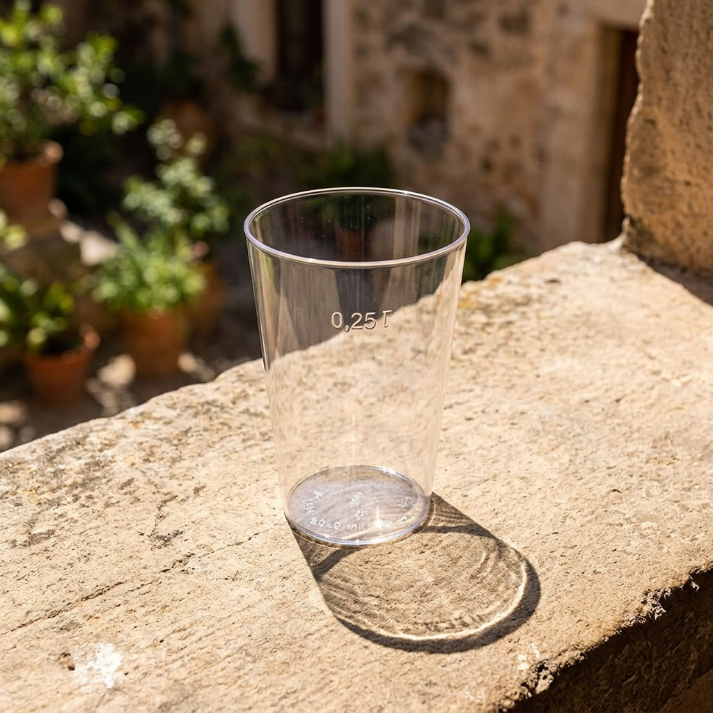 Tomt klart plastglas på en stenkant i en solrig gårdhave