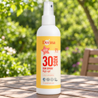 Derma Kids solspray SPF30 ved havebord