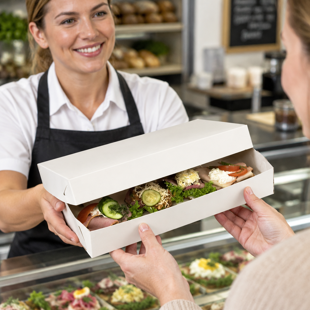 Hvid smørrebrødsæske med løst låg og smørrebrød udleveres ved en delikatessedisk