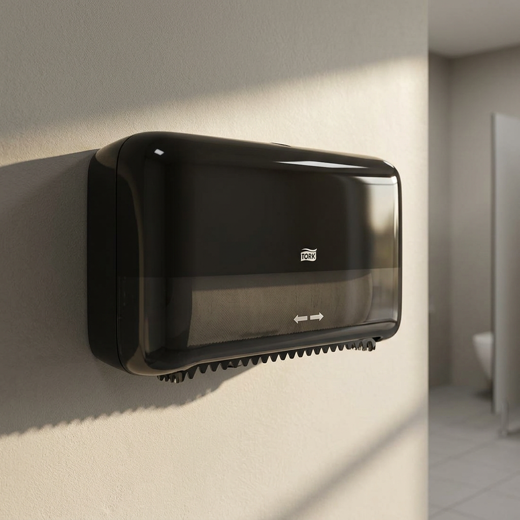 Sort Tork T7 Twin 558048 på væg i sollyst kontortoilet, miljøillustration.