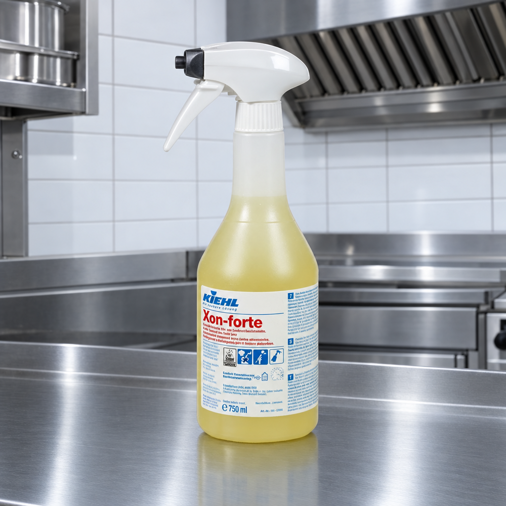 Kiehl Xon-forte 750 ml på rustfrit arbejdsbord under emhætte
