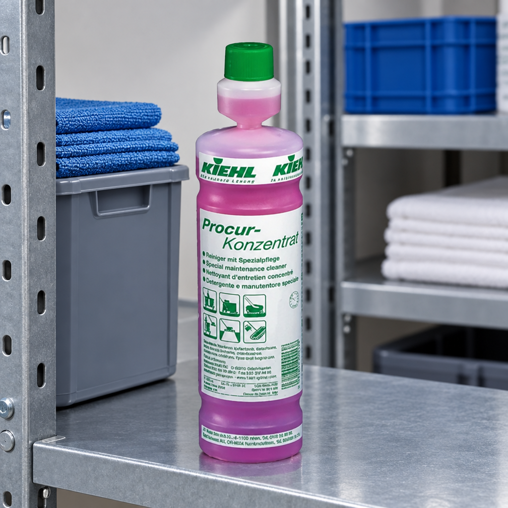 Kiehl Procur-Koncentrat 1 L på metalhylde med rengøringsudstyr
