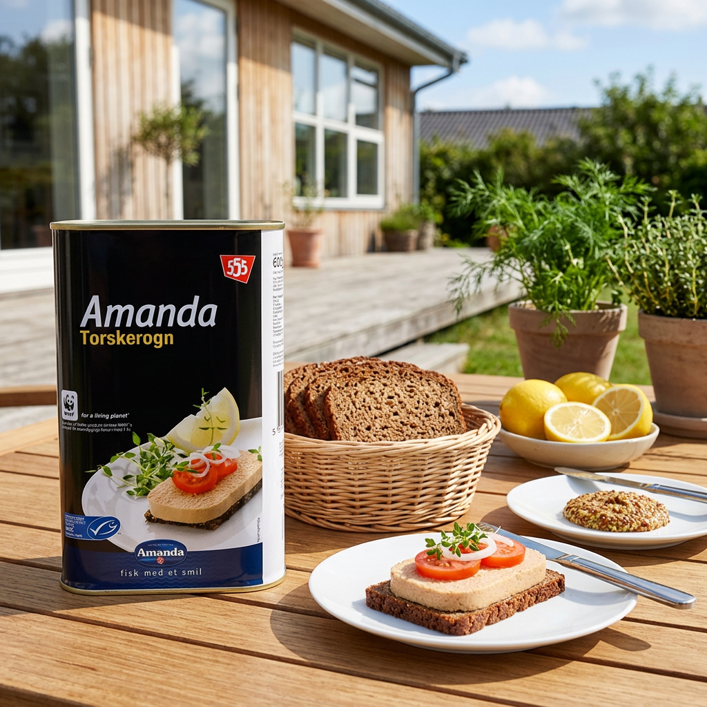 Amanda torskerogn ved frokost med rugbrød på solrig terrasse