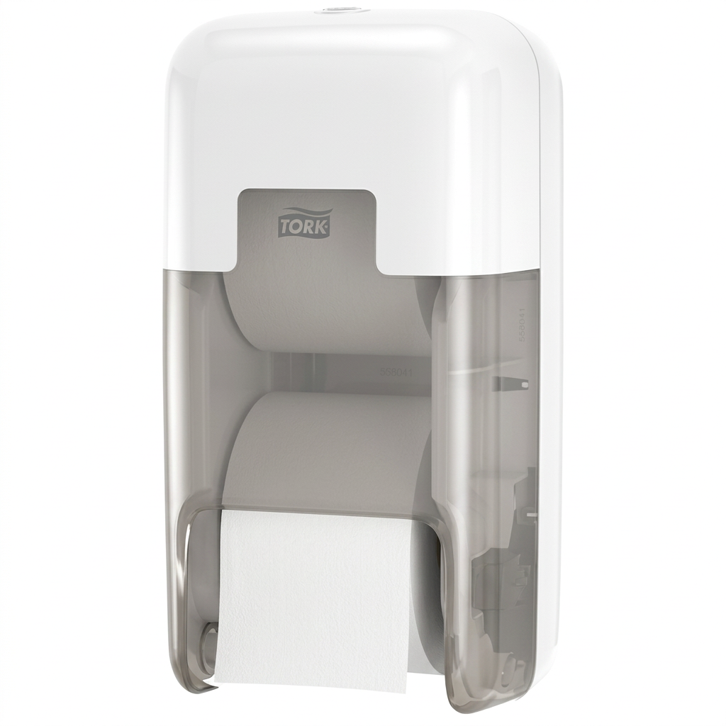 Hvid Tork OptiServe T7 558041 med transparent underdel og ét papirudtag på hvid baggrund