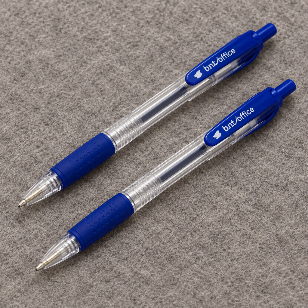 To blå BNT Office-kuglepenne med transparent krop og gummigreb på grå filt