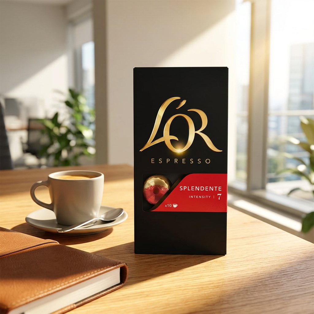 L’OR Splendente 7 ved kaffekop og notesbog i naturligt sollys