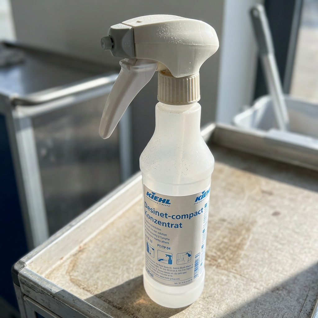 Nærbillede af Desinet-compact-flaske og separat sprayhoved på sollyst servicevogn