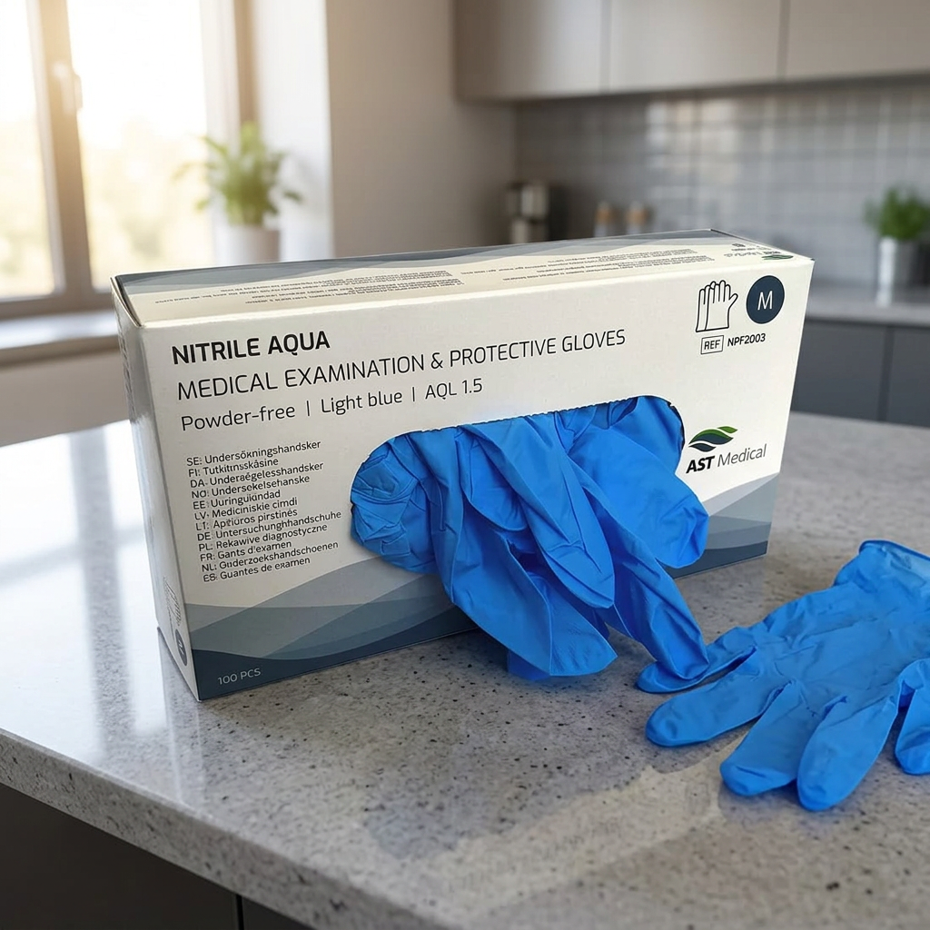 Nitrile Aqua M på lyst bord i personalefaciliteter