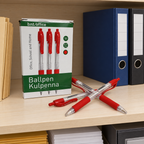 Æske med røde BNT Office-kuglepenne og løse penne på en kontorhylde