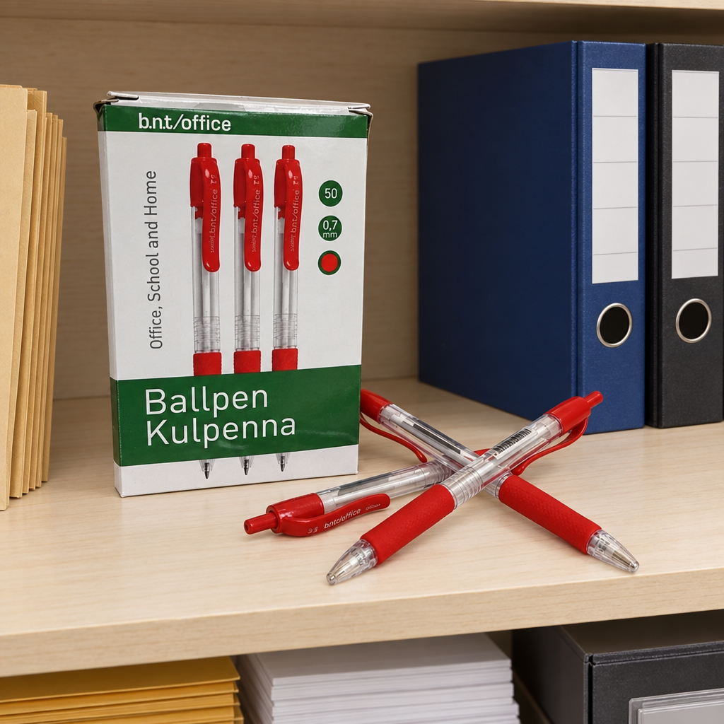 Æske med røde BNT Office-kuglepenne og løse penne på en kontorhylde
