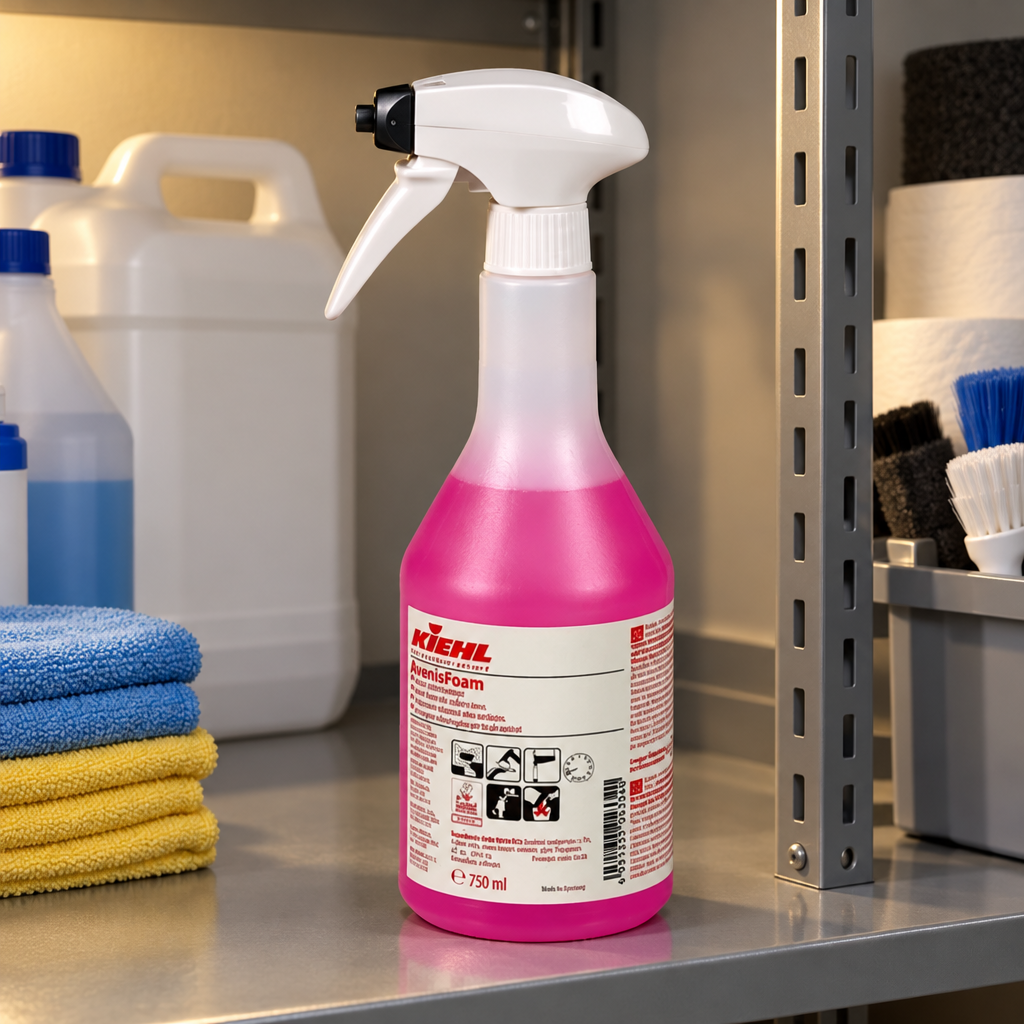 Kiehl AvenisFoam 750 ml på metalhylde i rengøringsdepot med varmt lys