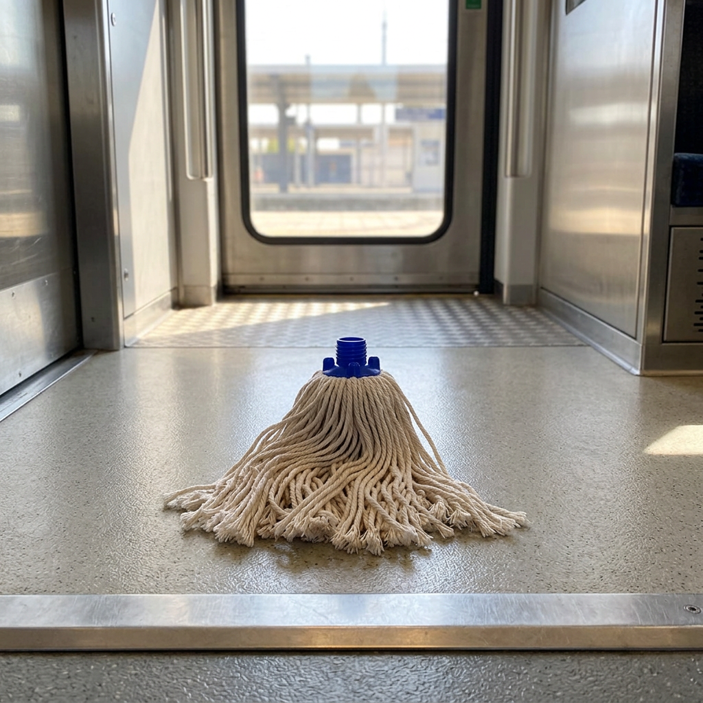 Basic moppegarn i solrigt indgangsområde i tog, stemningsbillede