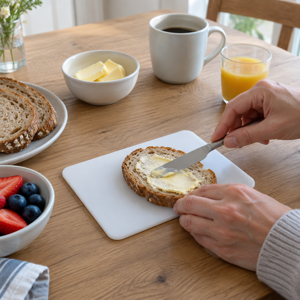 Miljøbillede af lille hvidt smørebræt med brød ved morgenbordet, varenr. 4145
