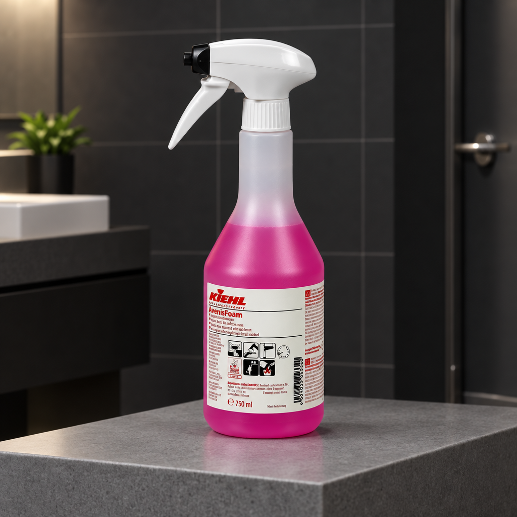 Kiehl AvenisFoam 750 ml på grå sokkel i mørkt flisebeklædt toiletforrum