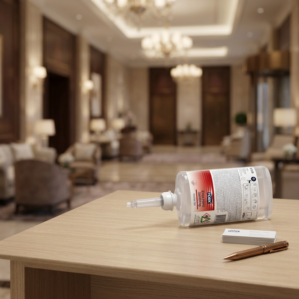 Tork Extra hånddesinfektionsgel refill ved hotelreception, stemningsbillede